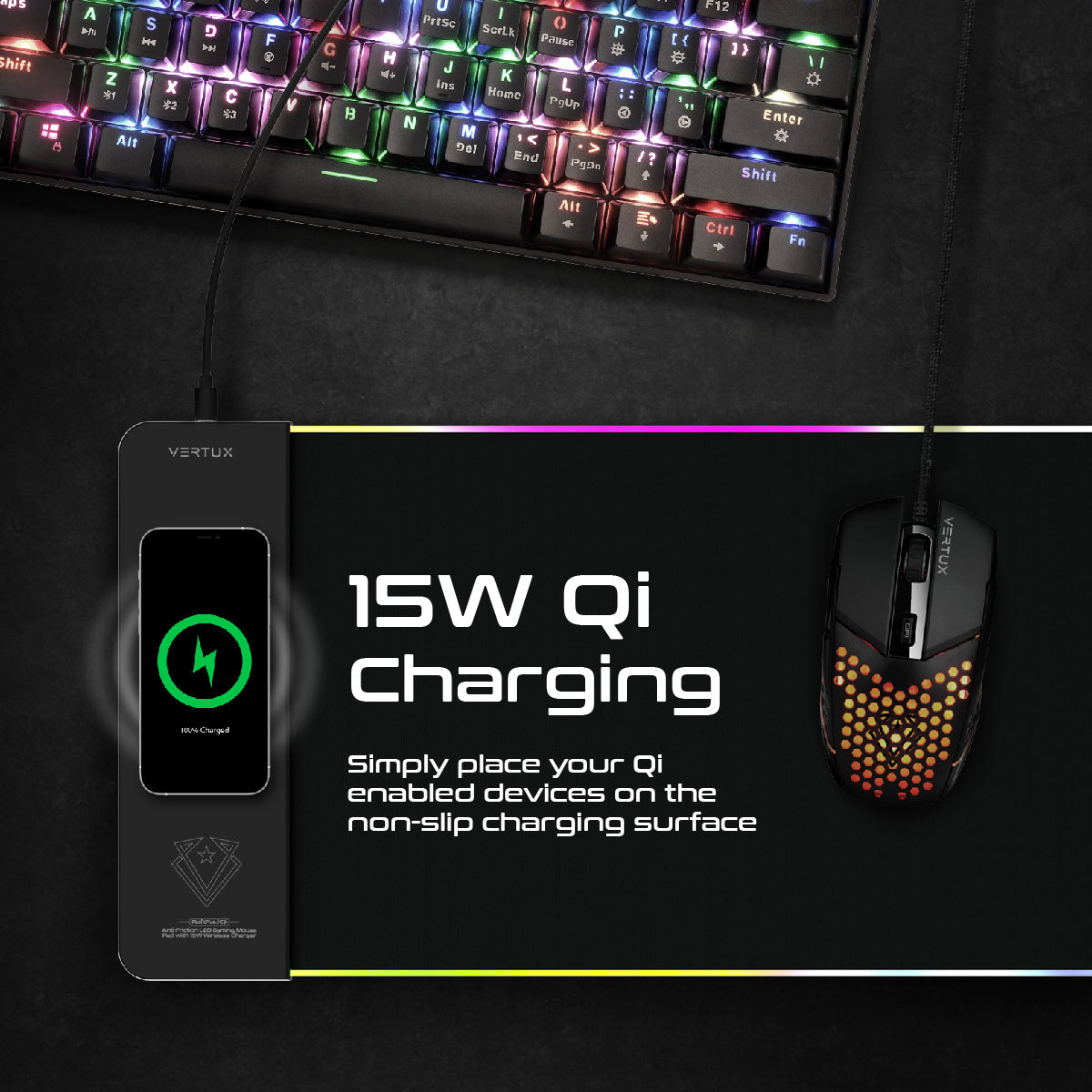 Anti-Friction LED Gaming Mouse Pad with 15W Wireless Charger